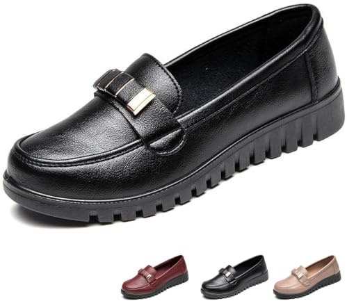 Mocassins orthopédiques en cuir pour femme - Confortables - Chaussures de travail classiques en cuir souple - Pour la marche et le travail - Style décontracté, Noir B, 40 EU