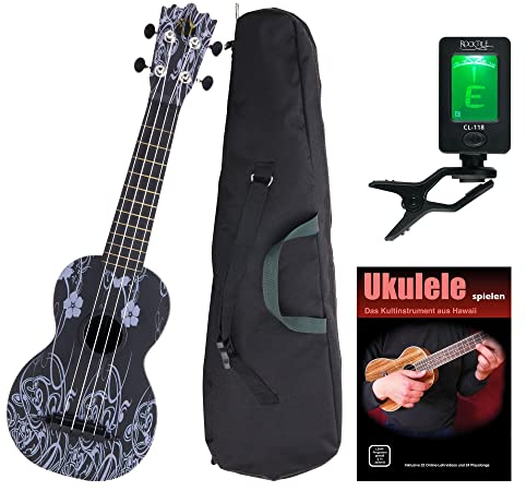 Classic Cantabile BeachBuddy Black Beauty Sopran Ukulele SET inkl. Tuner und Noten (Uke, Hawaii Gitarre, Kunststoff, 12 Bünde, Outdoor & Strand tauglich, Stimmgerät, Schule)