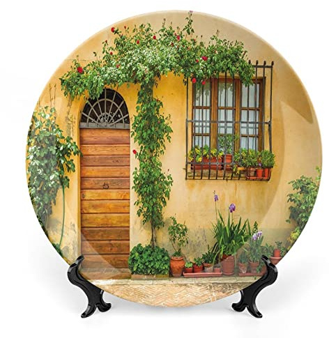XISUNYA 7 Inch Decorative Plate, Italy Ceramic Stoneware, Porch with Flowers Pots Fresh Green Plants City Life in Tuscany Print Ceramic Wall Hanging for Home Office Party Dinner Table Decor