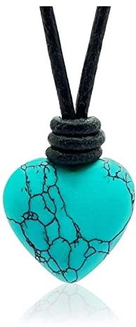 arana's - Colgante de piedra natural en forma de corazon para mujer y hombre - Cordon de cuero genuino negro ajustable de 45cm a 75cm - Collar unisex (Turquesa)