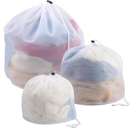 3 Pezzi Sacchetto Lavatrice Maglia Fine,3 Misure Sacchetti Lavatrice Riutilizzabile Biancheria Retina per Lavatrice con Coulisse, Rete Salvabucato per Camicetta Reggiseno Calzini