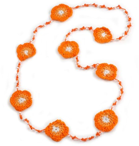 Avalaya Collana lunga fatta a mano con perline di vetro arancione/melone/bianco floreale all'uncinetto, leggera, 100 cm di lunghezza, Misura unica, Cordoncini, Nessuna pietra preziosa