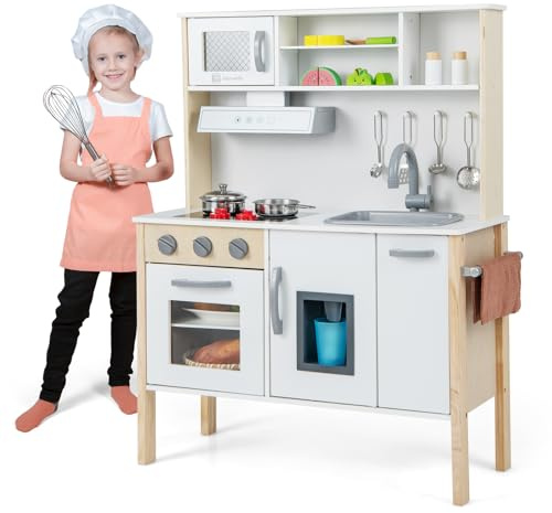 RELAX4LIFE Cucina Giocattolo per Bambini, Gioco Cucina in Legno con Microonde, Forno, Rubinetto, Lavello e 18 PCS Accessori, Mini Cucina per Bambini 3 4 5 6 Anni (Bianco)