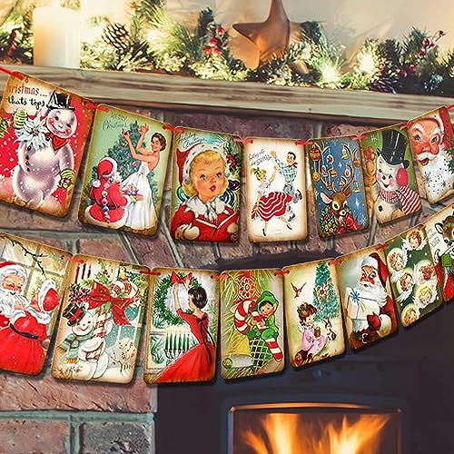 UCLEVER 15 Stück Weihnachten Vintage hängende Banner mit rotem Band Weihnachtsdekoration Santa Party Banner Hang Bunting Dekoration für XMS Christmas Party Kamin