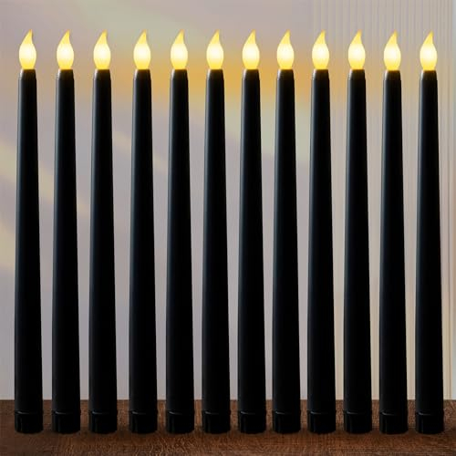 FAEFTY Paquete de 12 velas LED con llama vacilante, velas cónicas sin llama, vela eléctrica, velas recargables para Navidad, Acción de Gracias, cena romántica, boda (Negro, 2.1 x 28 cm)