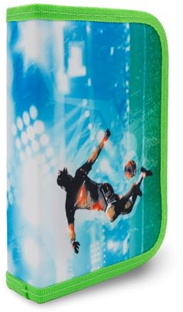 itenga Schüler-Etui 28 teilig gefüllt 1-Zipper Federmäppchen für Jungen und Mädchen (Fussball)
