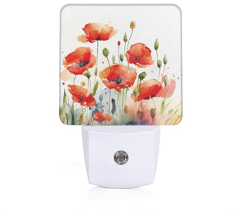 ENUIEO Red Poppy Flowers Night Light, Red Flowers Night Lights Plug Into Wall with Dusk to Dawn Sensor Wall Lamp, Nightlights for Bedroom, Bathroom, Hallway, Kitchen, Gifts Ideal for Girls Women