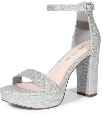 DREAM PAIRS Women's Platform Chunky Heeled Sandals,Silver-Glitter,9