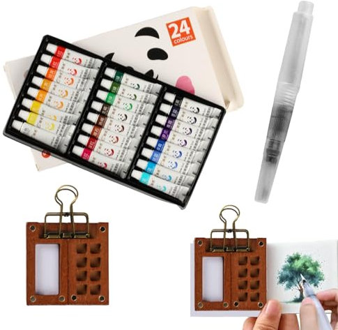 XUIIOSOOKP Kit de Paleta de Acuarela Portátil, Acuarelas Profesionales, Juego de Acuarela de Bolsillo de Madera, Kit Viaje Paleta Humeda Miniaturas, Kits de Pintura de Acuarelas de Madera