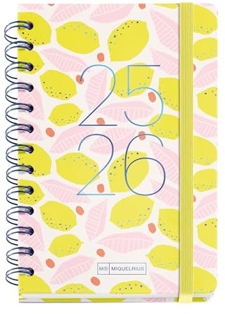 Miquelrius - Agenda Escolar 2025 2026, Planificador de Septiembre a Agosto, Tamaño 125.5 x 178 mm, Día Página, Doble Espiral, Pegatinas, Tapa de Cartón Forrado, Cierre con Goma, Español-Inglés
