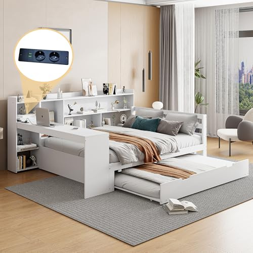 Generisk bäddsoffa i massivt trä med utdragbar säng, integrerat skrivbord, bokhyllor och uttag – 140 x 200 cm, vit/grå, platsbesparande och multifunktionell för lägenhet och gästrum