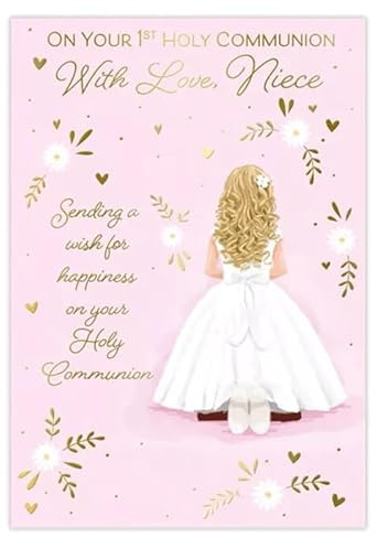 Poppy Hill First Holy Communion Card for Niece, Pink and Gold Design, 13 x 19 cm