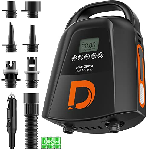 Rechargeable Paddleboard Electric Pump-Portable 20PSI Sup Electric Pump Rechargeable 9000 mAh 12VDc Car Connector for Board Boat Tent Kayak (Black)