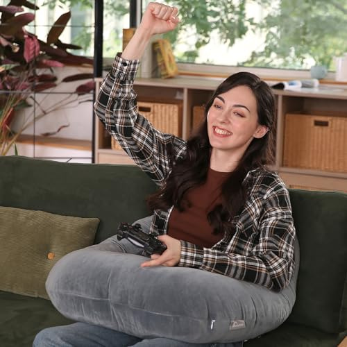 AmyWtb Ergonomic U-Shape Gaming & Lap Pillow - Crochet Pillow & Reading Support Pillow with Arm Relief, Comfort for Gamers, Crafters & Book Lovers (dark grey)
