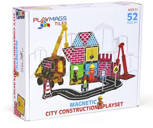 Playmags Set Di 52 Tessere Magnetiche Per La Costruzione Di Città, Blocchi Da Costruzione Con Gru E Pezzi Di Strada, Giocattoli Educativi STEM Per Bambini E Bambine Dai 3 Anni In Su.