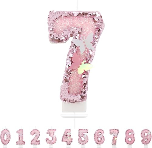 Heyumybit Bougies d'anniversaire Numéro 7,3D Rose Bougie Chiffre 7,Scintillantes Papillon Decoration Gateau Anniversaire pour les Fournitures de Célébrations d'Anniversaire