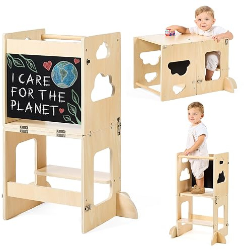 KYWAI Torre de Aprendizaje Plegable Montessori Premium, Torre Aprendizaje Plegable 3 en 1: Convertible en Escritorio con Pizarra – Marca Comprometida con la Reforestación, Desde 1 Año