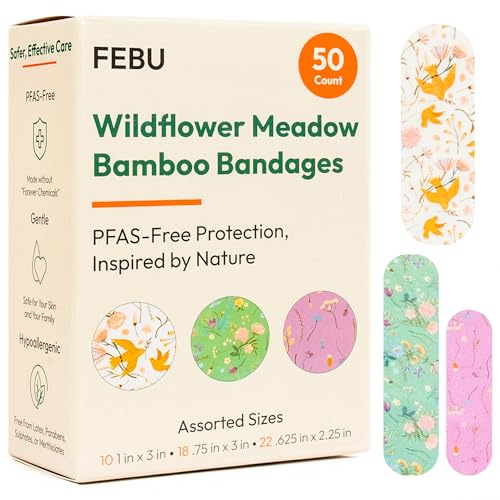 FEBU Wildflower Print Bamboo Fabric Bandages | PFAS Free Flexible Fabric Bandages | Natural Hypoallergenic Bandage for Scrapes, Cuts & First Aid | Compostable, Latex Free Bandage | 50 Count Strip