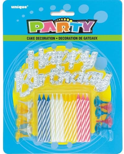 Unique Party - 49001 - Lot de 25 Bougies d'Anniversaire à Rayures avec Bougeoirs et Décoration à Gâteau - Happy Birthday