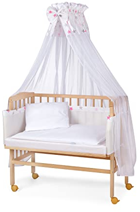 WALDIN Lit cododo Berceau Tout équipé pour,Bois Non traité,16 modèles Disponibles,Surface de Couchage Extra Large : L 90 x l 55,Couleur du Textile Blanc/astre Gris-Rose