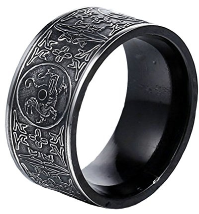 PAMTIER Stainless Steel Vintage Black Ring for Men Chinese Ancient 4 Guardian Beasts Signet Band Size 6