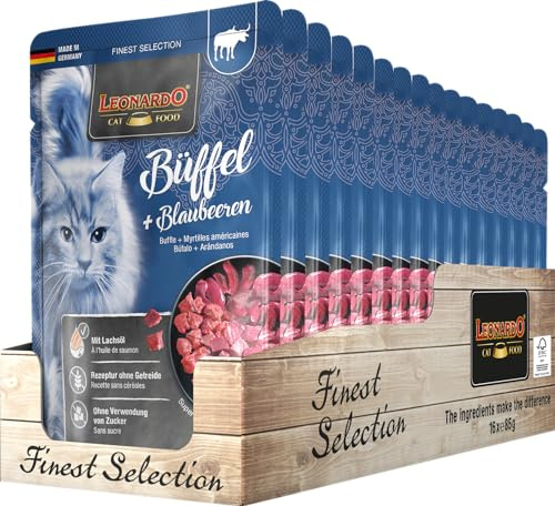 Leonardo Cibo umido in sacchetto salvafreschezza [16x85g Bufalo + Mirtilli] | Cibo umido senza cereali per gatti | Alimento completo in busta monoporzione