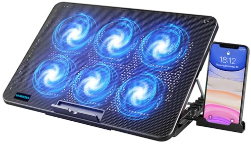 LIANGSTAR Laptop Cooling Pad, Laptop Cooler with 6 Quiet Fans for 12-17 Inch Notebook Gaming Fan Stable Stand, 7 Height & Wind Speed Adjustable, 2 USB Port & Phone Holder (Black)