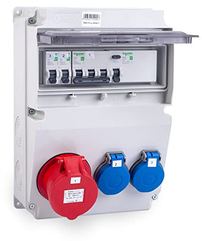 Tableau de distribution électrique de chantier MIDORI | Répartiteur de prises CEE complet 2020 Plus avec 1x 16A/5P, 2x 230V de HAGER selon IP44 | Distributeur mural avec disjoncteur FI