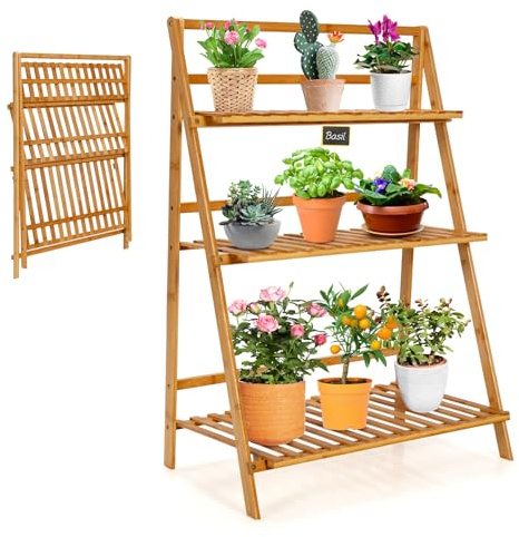 HOMASIS Supporto vaso da fiori a 3 livelli, scaffale per fiori pieghevole, porta piante in bambù esterno interno per giardino, balcone, terrazza patio, fioriera scala, 70 x 38 x 95,5 cm, legno