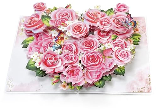 CUTPOPUP Red Rose-Heart Shape, Rose rouge, carte d'anniversaire pop-up, carte de Saint-Valentin, mariage, fiançailles, carte de vœux 3D (rose rouge en forme de cœur) LO180FR1520
