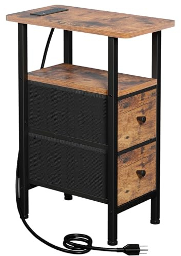 LOAKEKEL Narrow End Table Living Room with Charging Station, Skinny Side Table with Fabric Drawers, Slim Nightstand for Bedroom, Small Spaces, Couch, Brown, HETNDP02BR-1