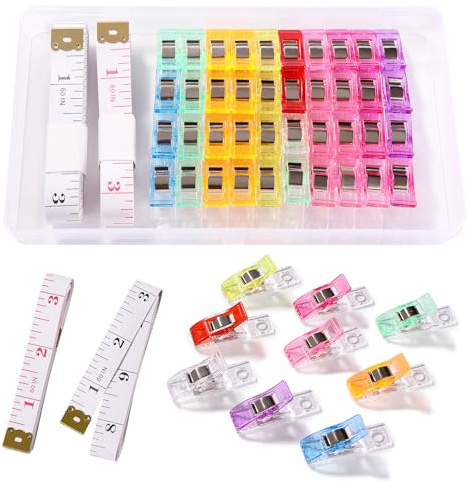 VooGenzek 40 Pezzi 3.6x1x1.5 cm Clip Per Cucire, Plastica Mollette da Cucito, Clip per Tessuto, Mollette per Stoffa, con 2 Pezzi 150cm Metro a Nastro, per Cucire, Rilegare, Trapunta, Artigianato