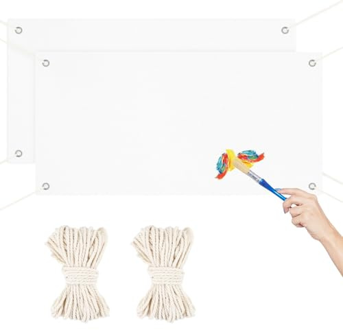 Lot de 2 bannières vides à personnaliser soi-même - 120 x 60 cm - Avec œillets - Blanc - Avec corde suspendue de 8 m - Drap blanc à peindre - Pour bricolage, peinture, affiche, bannière d'anniversaire