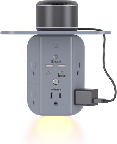 PD20W Wall Outlet Extender, Outlet Splitter with Shelf and Night Light, USB Wall Charger with 5 AC Outlets and 3 USB A Ports 1 USB C Ports Wide Space 3-Sided Power Strip Multi Plug Outlets Gray