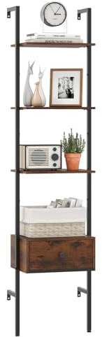 COSTWAY Libreria a Scala a 5 Ripiani con Cassetto in Tessuto, Scaffale da Parete Salvaspazio in Legno, Scaffale Portaoggetti per Soggiorno, Studio e Camera da Letto, 43 x 30 x 178 cm, Marrone