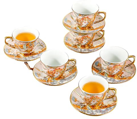 Servizio da Tè Vintage in Porcellana con Motivo Floreale e Bordo Dorato –Tazze con Piattini, 100ml – Set Tazze da Tè Stile Inglese, Idea Regalo Elegante per Donna