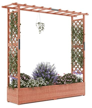 GarveeLife Raised Garden Bed with Trellis, 72 in Wood Planter Box with Side Trellis, Hanging Roof, and 4 Drainage Holes, Freestanding Elevated Garden Bed for Climbing Plants, Vines, Flowers