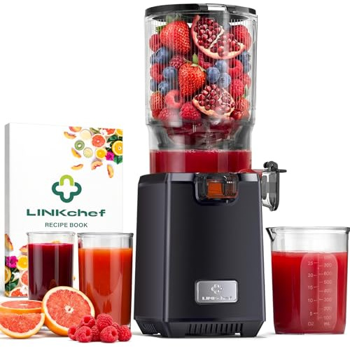 LINKChef Cold Press Juicer, Self-Feeding 250W Juicer Machines, Hands-Free with 5.12 Wide Mouth Hopper, 60 oz Capacity, BPA-Free, Easy to Clean & Assemble, Juice Recipes for Vegetable and Fruit