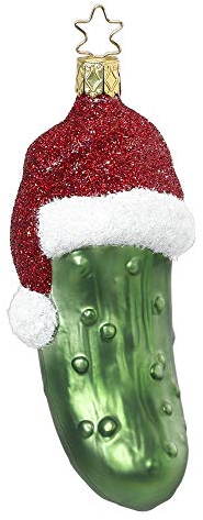 Christbaumschmuck Glas 12cm Weihnachtsgurke mit Mütze mundgeblasen handbemalt Weihnachtskugeln grün