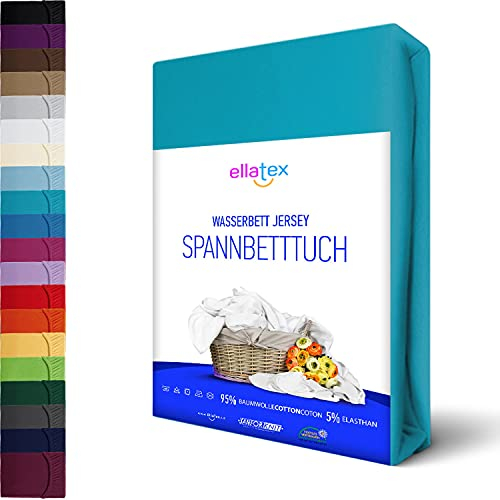 EllaTex Premium Stretch Spannbettlaken 180x200-200x220cm für WASSERBETTEN/BOXSPRINGBETTEN + 40 cm Steghöhe, ca. 200 g/m², in Farbe: Türkis