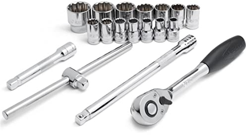 SATA ST09204SJ Steckschlüsselsatz, Knarrenkasten, Ratschenkasten 1/2/12,7 mm, Zwölfkant Metrisch mit Umschaltknarre, Steckschlüssel und Zubehör in robustem Koffer 18 Tlg.