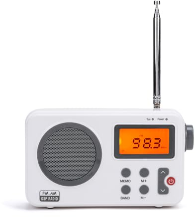 Radio Reveil NK-AB1904 FM/AM - Radio Portable de Bureau Design, écran LCD avec lumière, Antenne, Poste Radio, Haut-Parleur, 4 Piles AA, câble DC5V, Blanc (Fonction Radio Réveil)