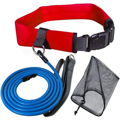 UCEDER Swim Belt Swim Training Belt with 2.2M Bungee Cord Adjustable Swim Tether for Swim in Place Swimming Pool Trainer Belt for Stationary Harness Aquatic Resistance Water Exercise (Red)