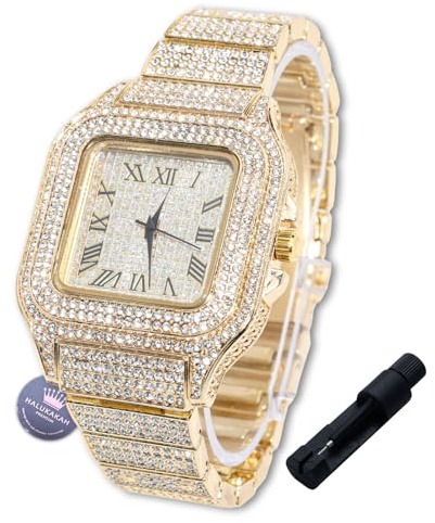 Halukakah Reloj de Oro con Diamantes para Niños,Adolescentes,Chicos - Chapado en Oro 18K/Platino,Esfera Cuadrada 40mm,Cuarzo Japonés - Longitud 20cm,con Herramienta de Ajuste - para Cumpleaños,Fiestas
