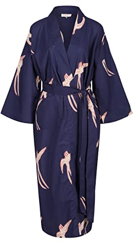 Ny!! Dammorgonrock i bomull, kimono, morgonrock/lätt 100 % bomull. Handtryckt | Långsvansad fågel röd kräm på mörkblå (enkel storlek: 122 cm/48 tum längd) .