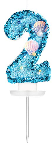 KINBOM 7,5cm Födelsedags Ljus, Blå Glitter nummer ljus Tårta Topper Skal Paljetter Tårta Sifferljus Number Candles för Födelsedag Jubileum Sjöjungfrutemafest (Nummer 2)