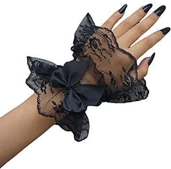 OYOANGLE Women's Floral Lace Bow Front Short Wrist Cuff Wedding Wrist Length Bridal Prom Gloves Black One Size