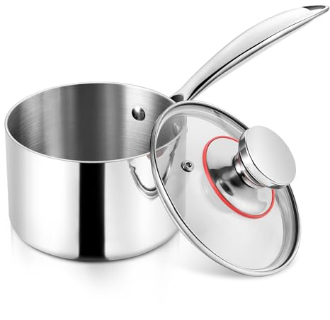 Herogo Stielkasserolle 16 cm, 18/10 Edelstahl Milchtopf mit Deckel 1,7 Liter, Saucenpfanne Kochtopf mit Langer Griff, Induktion Kasserolle für Küche/Restaurants, Ungestrichen, Spülmaschinenfest