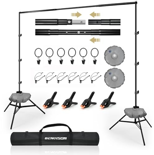 BENOISON Soporte de Fondo - 2,6x3m Retráctil Ajustable Profesional con 10 Clips & 2 Bolsas de Agua para Fotográfico, Retrato, Grabación de Video, Boda