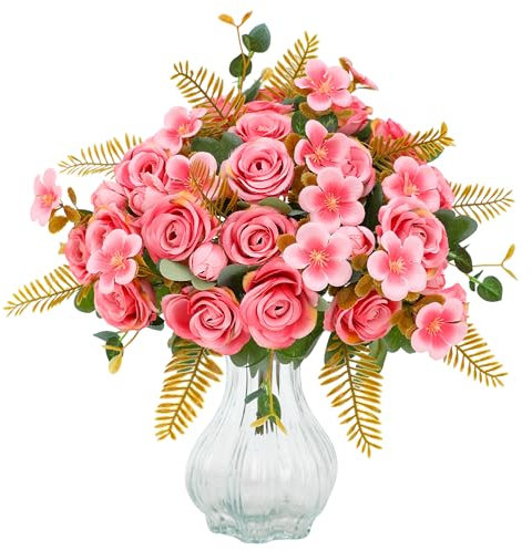 Floweroyal 4 Sträuße künstliche Rosen Blumen Rosa Blumen Fake Rosensträuße für Hochzeit Party Tischdekoration Blumenarrangement Home Küchendekor